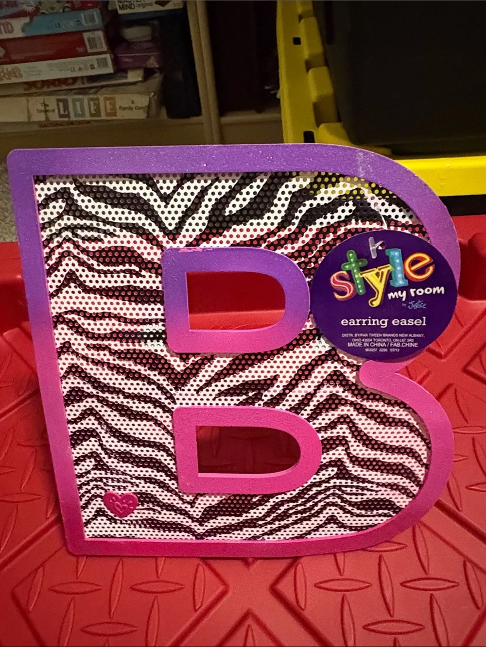 Justice Pink Purple Zebra 'B' Earring Easel